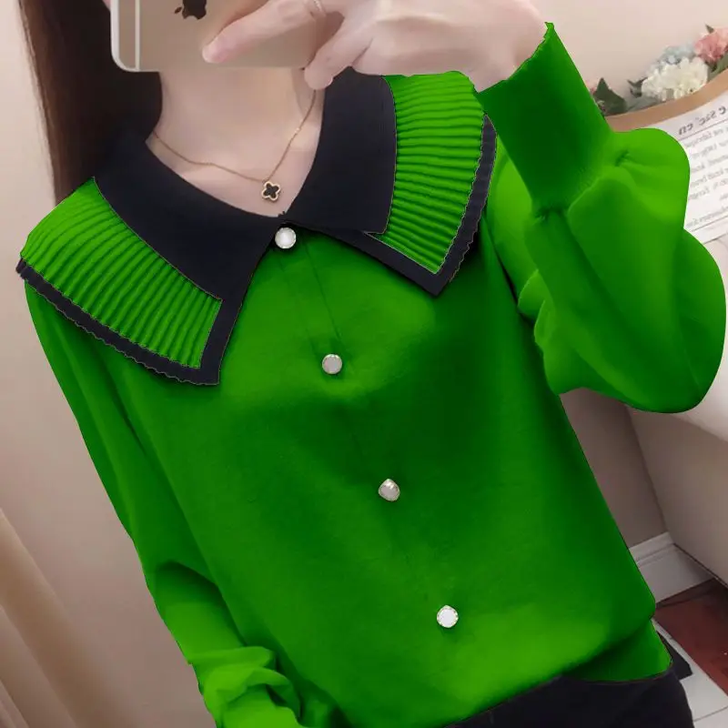 

Stylish Peter Pan Collar Button Folds Knitted Blouse Female Clothing 2022 Autumn New Casual Pullovers All-match Sweet Shirt