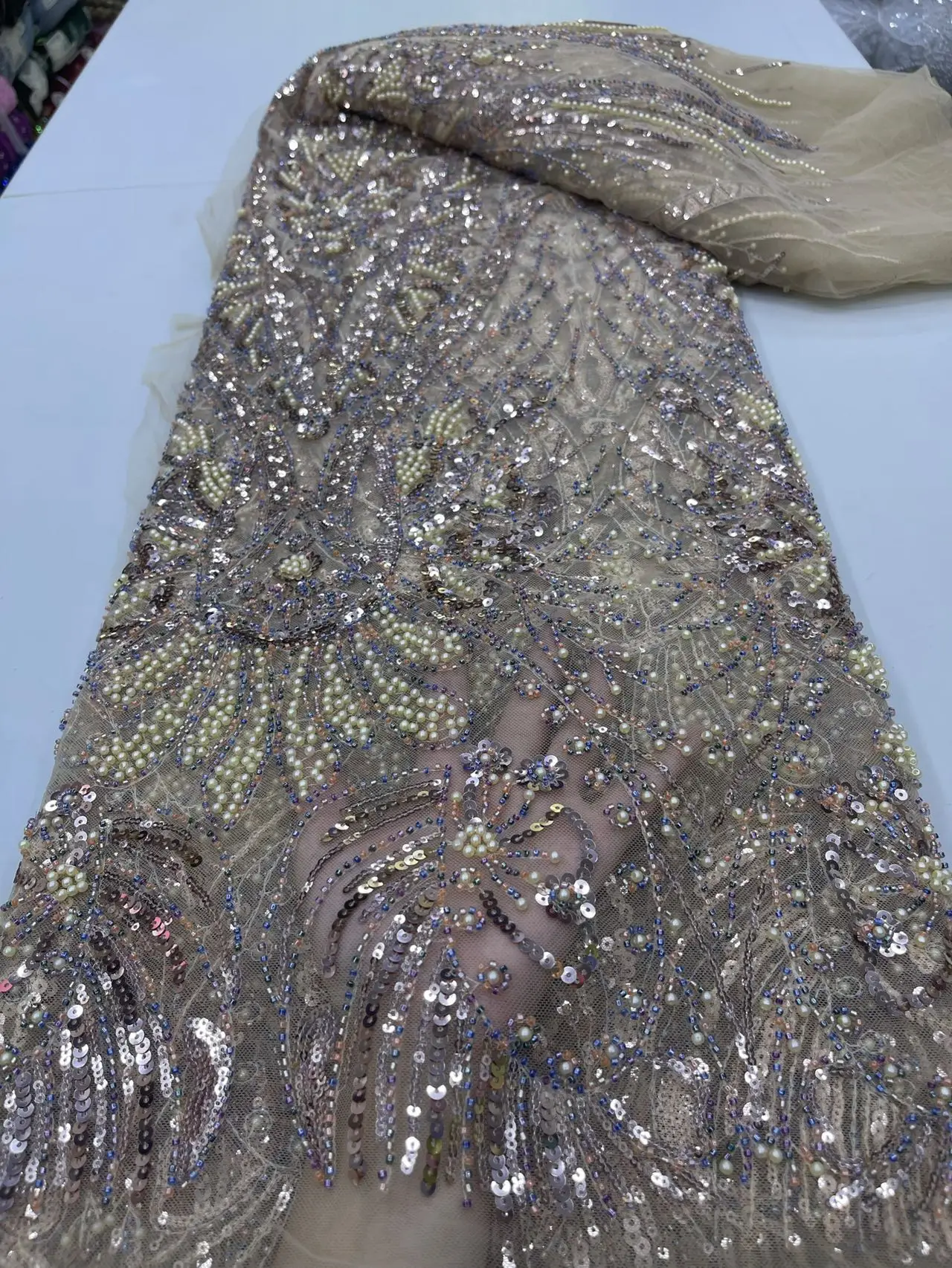 Luxury African bluie 3D Sequin Beaded Groom Lace Fabric High Quality French tulle fabric Embroidered Nigerian lace