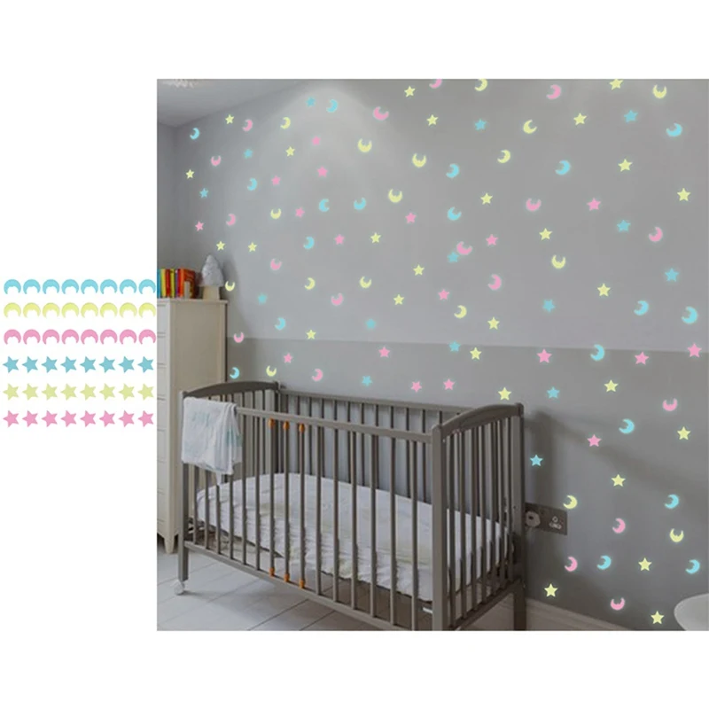

100Pcs/Lot3D Star And Moon Energy Storage Fluorescent Glow In The Dark Luminous On Wall Stickers For Kids living Room Decoration
