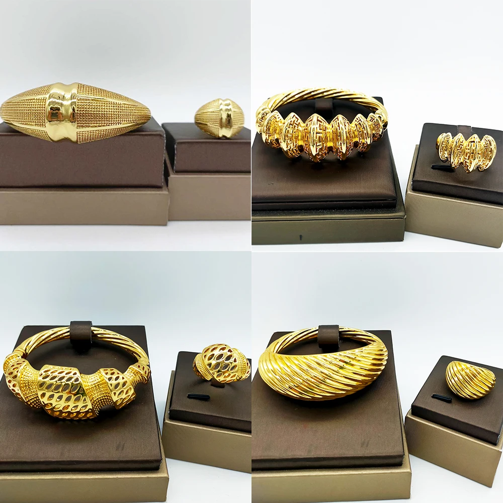 

African Bangles with Rings Wedding Banquet Gifts Hawaiian Dubai Women Charm Adjustable Ring Gold Plated Bangle Jewelry Accessory
