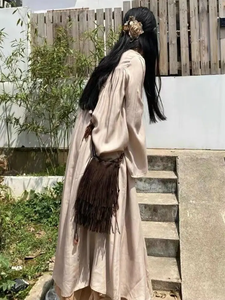 Xiuya Vintage Tassels Shoulder Bag Women 2023 Fashion All-match Summer Beading Messenger Bag Casual Designer Bolso Mujer