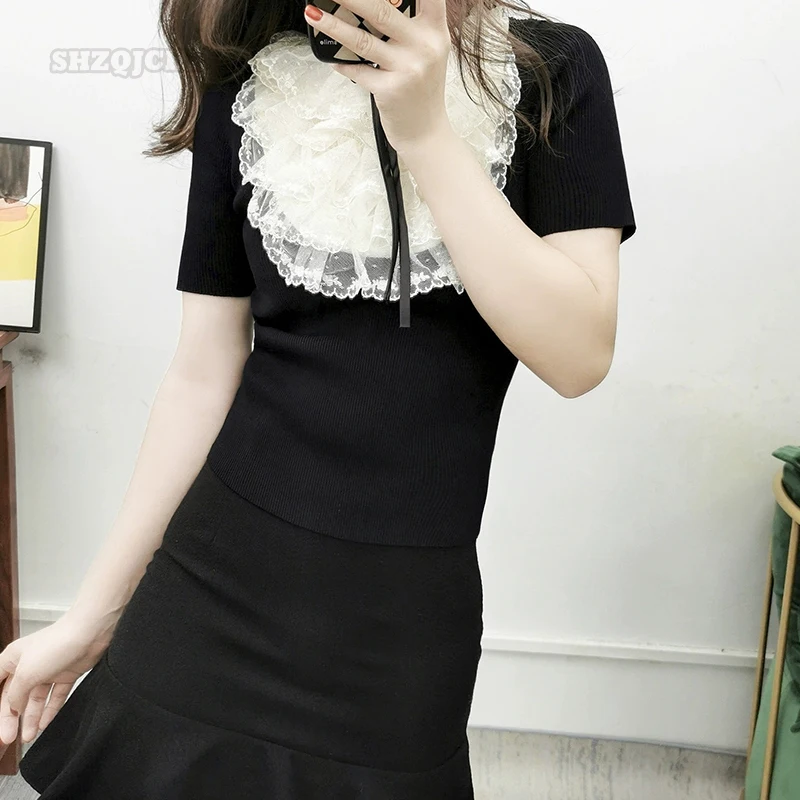 

2022 Summer Fashion New Women Lace Spliced Bow Sweater Knitted Slim Fitting Women's Short Sleeved Top