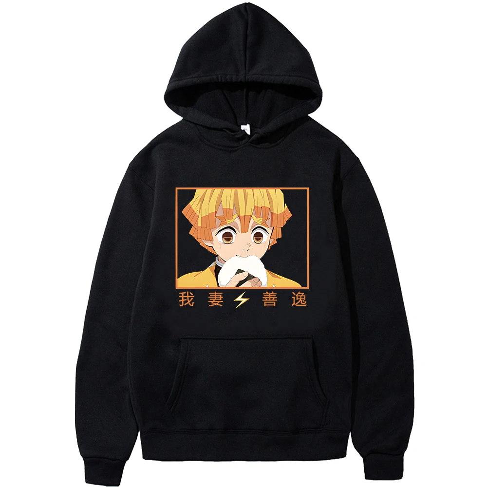 

Demon Slayer Hoodie Zenitsu Anime Printing Harajuku Funny Eat Onigiri Long Sleeve Pullover Homme Black Sweatshirt Unisex Cosplay