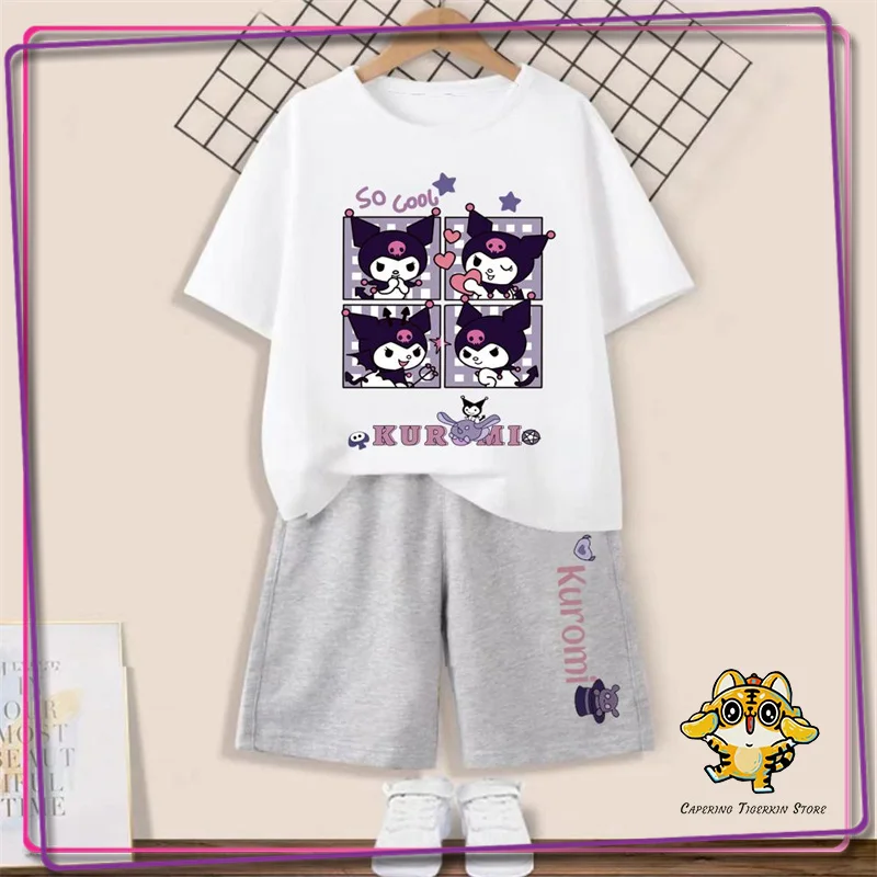 

Футболка и шорты Sanrio, комплект с милой мультяшной персонажей Kuromi Melody Kawaii, модная детская одежда из чистого хлопка, летний детский подарок