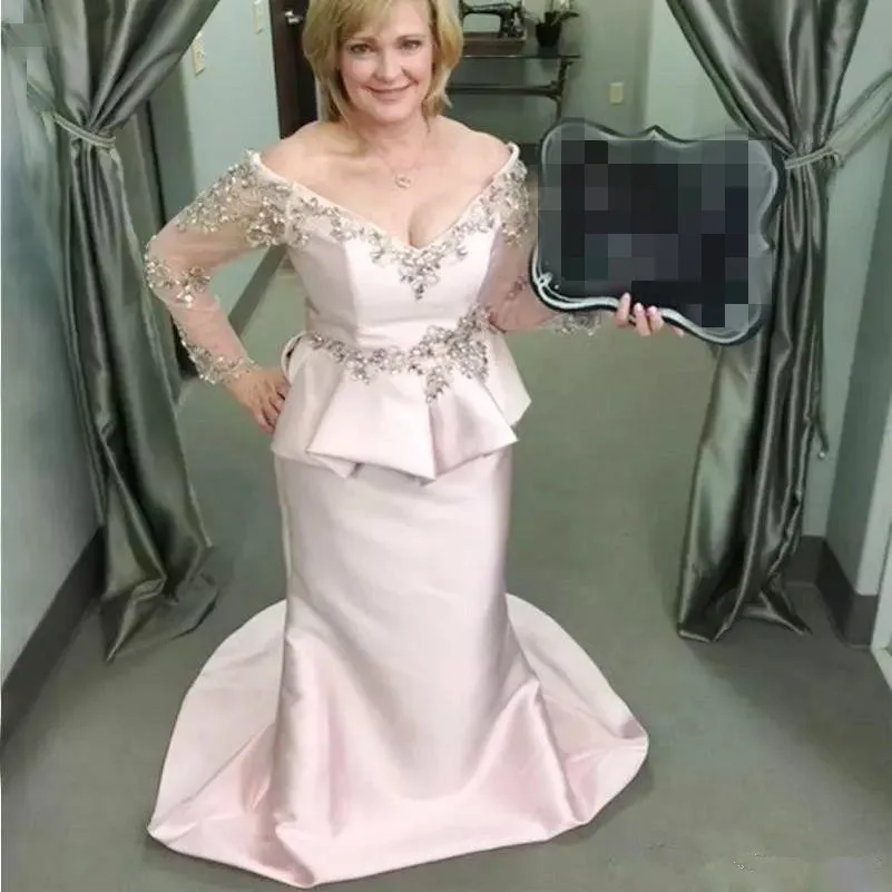 

Элегантное платье для матери невесты vestido de madrinha с глубоким V-образным вырезом и длинными рукавами вечернее платье русалка атласные бусины Б...