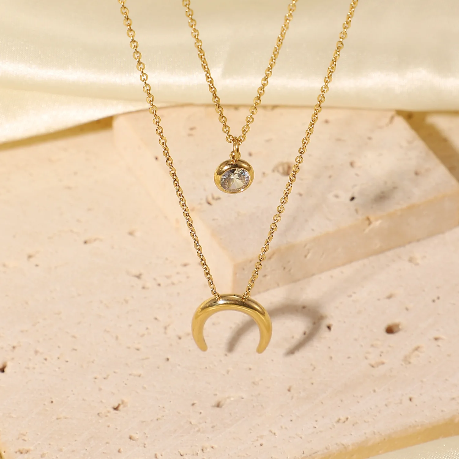 

European and American Necklace Stainless Steel Upside Down Moon Single Zircon Double Layer Necklace Jewelry for Women Pendants