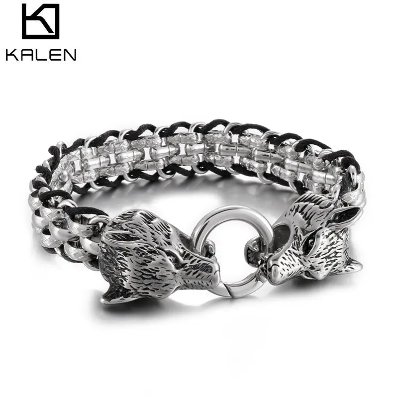 

Kalen Metal Wolf Head Bracelet for Men Wax Rope with Stainless Steel Link Chain with Spring Ring Clasp Biker Punk Jewelry