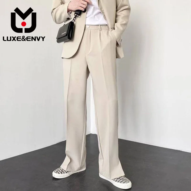 

Роскошные & ENVY модные маленькие Костюмные брюки в Корейском стиле индивидуальные мужские модные прямые брюки с разрезом на манжетах однотонные нишевые дизайнерские