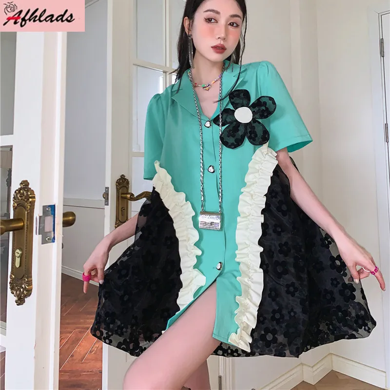 

Patchwork Contrast Flowers Summer Dress Lace Mash Ruffles Short Sleeve Turn-Down Collar Office Lady High Waist Women's Clothing