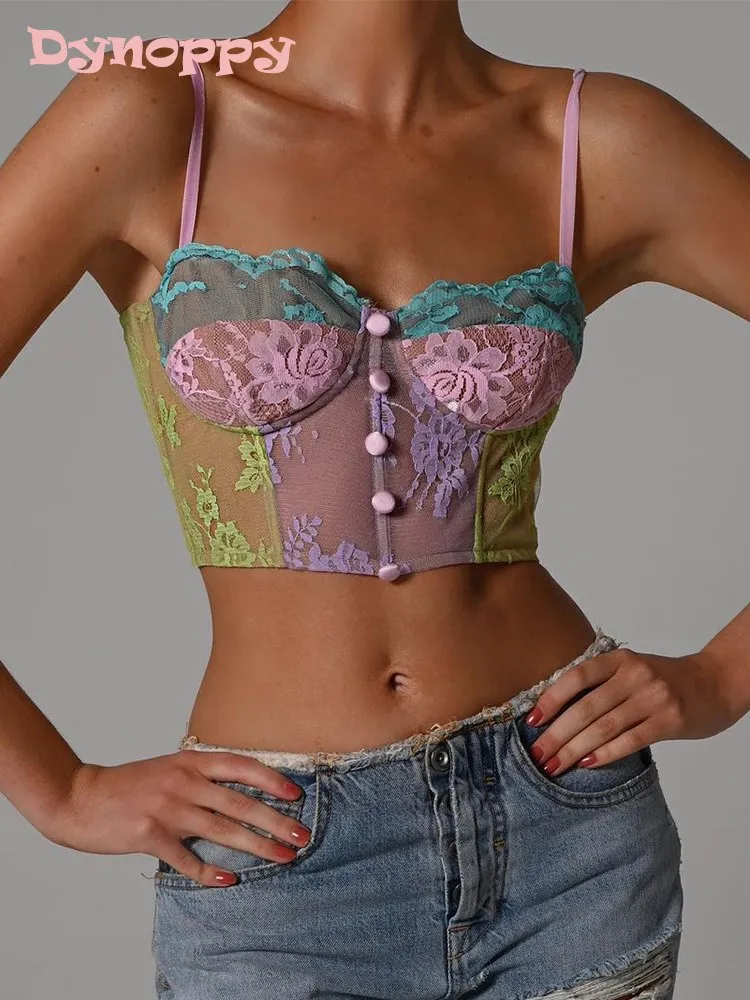 

Dynoppy Fashion Lovely Lace Patchwork Sexy Tank Top Women 2022 Nightclub Outfits Chic Button Padded Underwired Cropped Cami Top