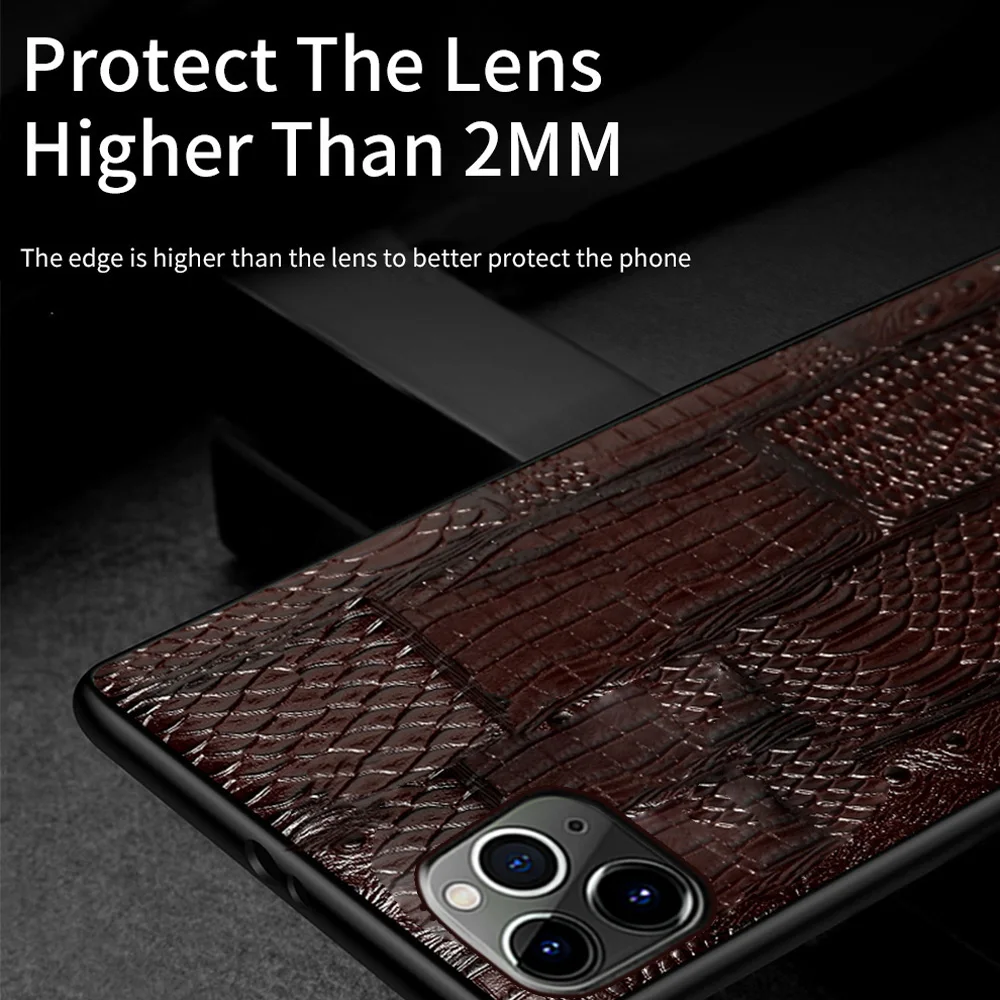 For Iphone 11 12 13 Pro Max Back Cover 7 8 Plus X Xs Xr 12 Mini  Crocodile Tail Texture Genuine Leather Cowhide Phone Case