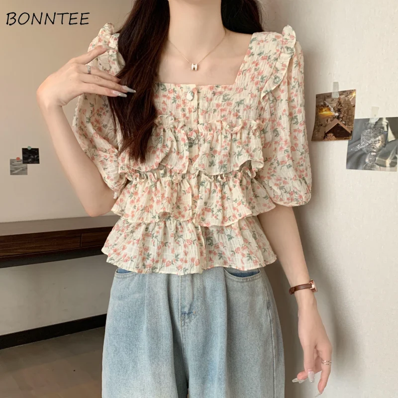 

Floral Puff Sleeve Shirts Women Ruffles Prairie Chic Summer Sweet Vintage Loose Casual Korean Style Female Temperament Aesthetic