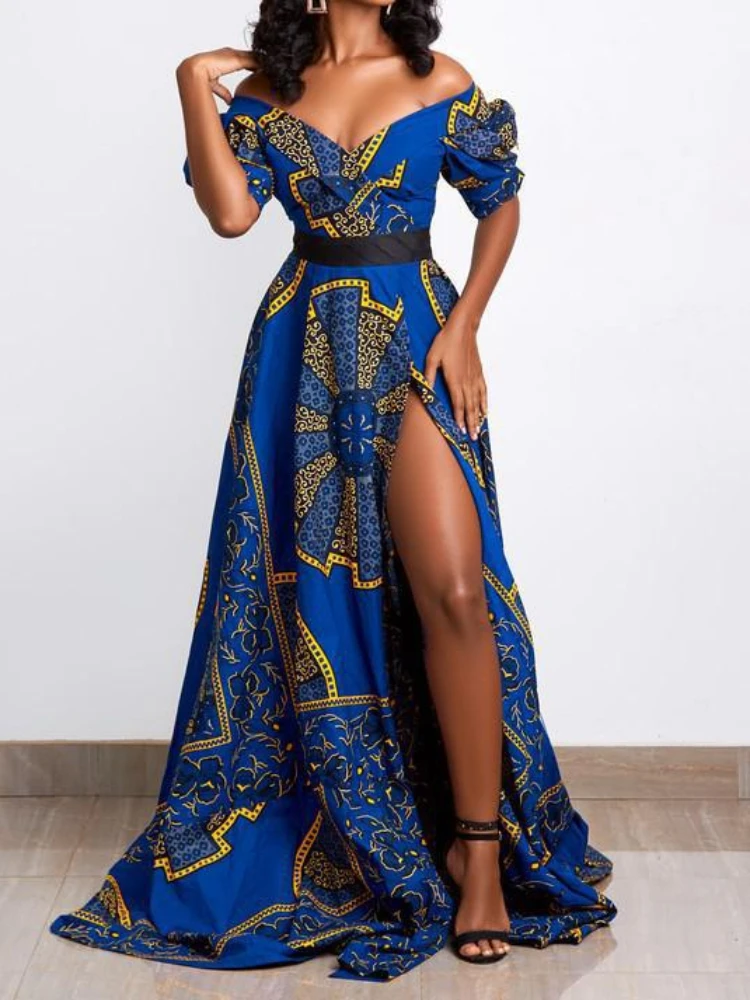 

Women Maxi Printed Dress V Neck Off Shoulder High Waist High Slit Retro African Dance Celebrate Prom Occasion Birthday Sexy Gown