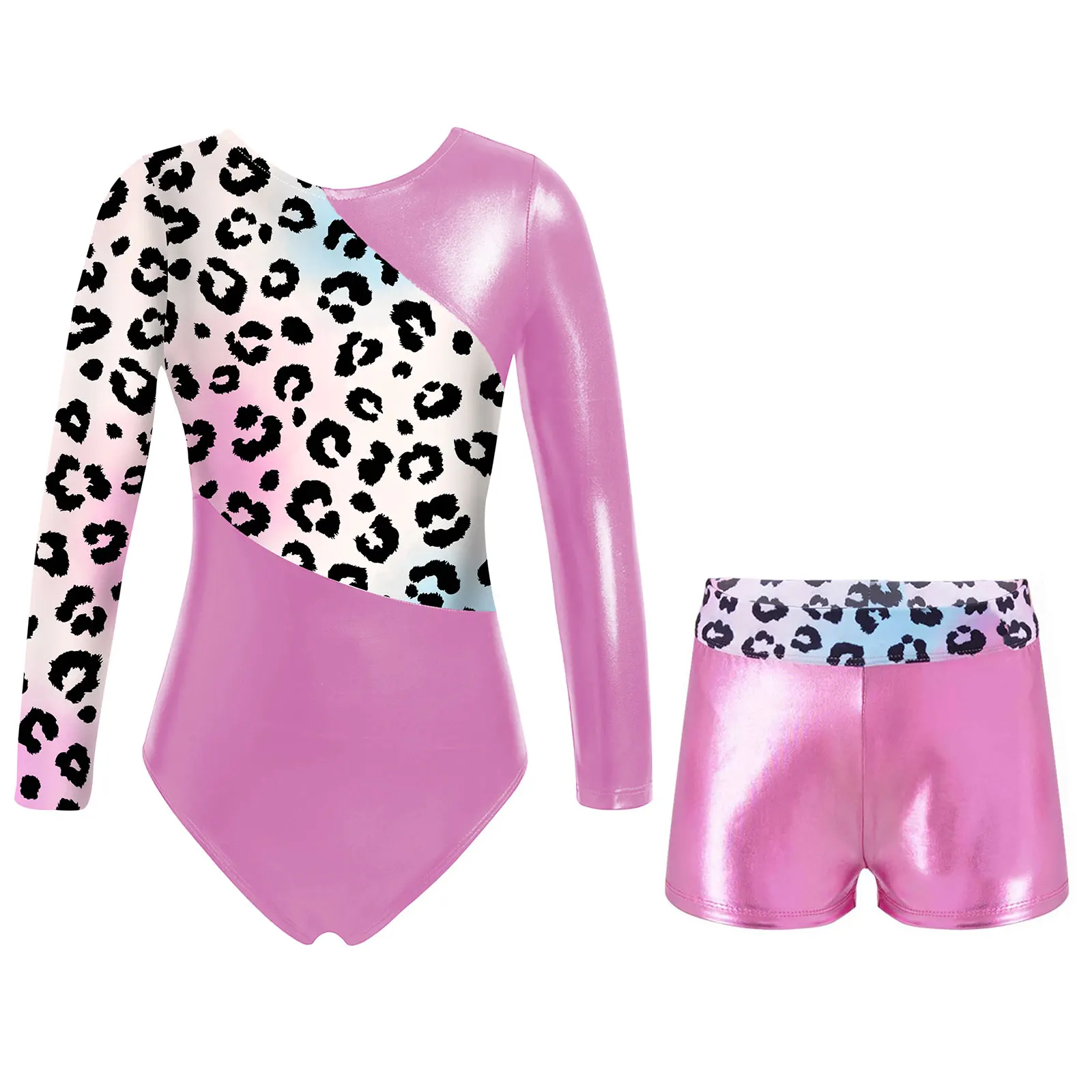 

Girls Gymnastic Ballet Dance Leotard Kids Round Neck Long Sleeve Printed Elastic Bodysuit with Shorts for Sports Workout Skating