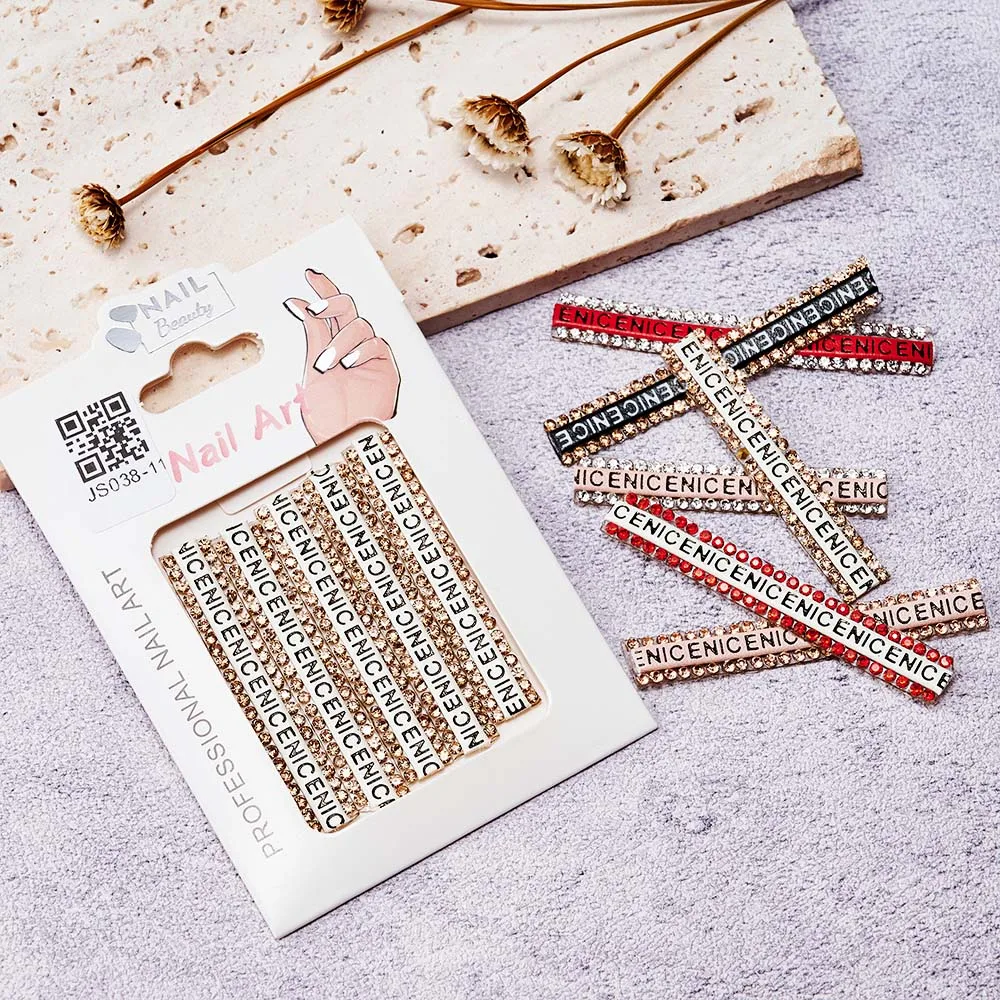 

5 Strips 33X8mm Diamond Nail Art Chains, 3D Crystal Word Nail Charms with Nail Rhinestones, Glitter Bling Design Ornaments