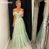 century light green prom gown tulle long prom dresses pleats off the shoulder plus size women party gowns tiered evening dress