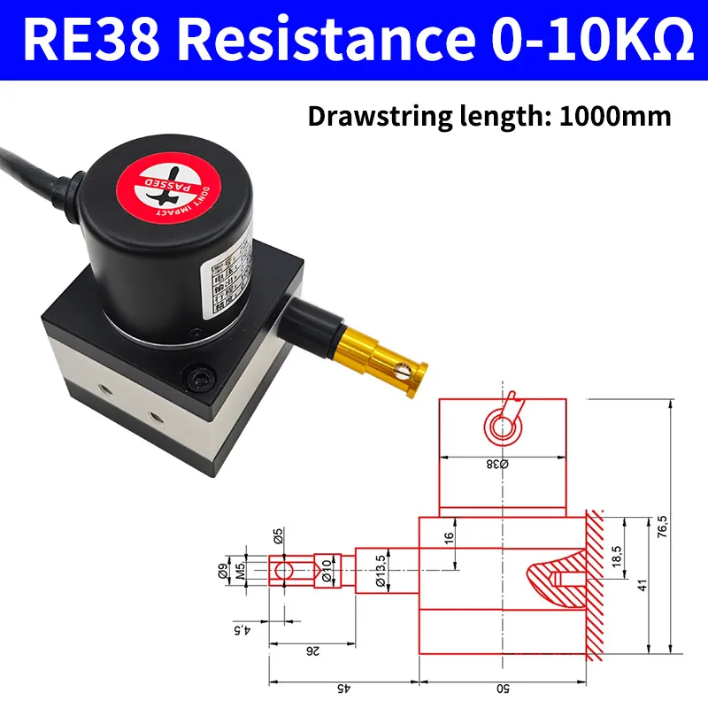

E38S Веревочный энкодер, расстояние измерения 1 м, 1,5 м, 2 м Кодировщик тягового троса Техника и модель: 0–5 В, 0–10 В, 0–10 кОм 4–20 мА