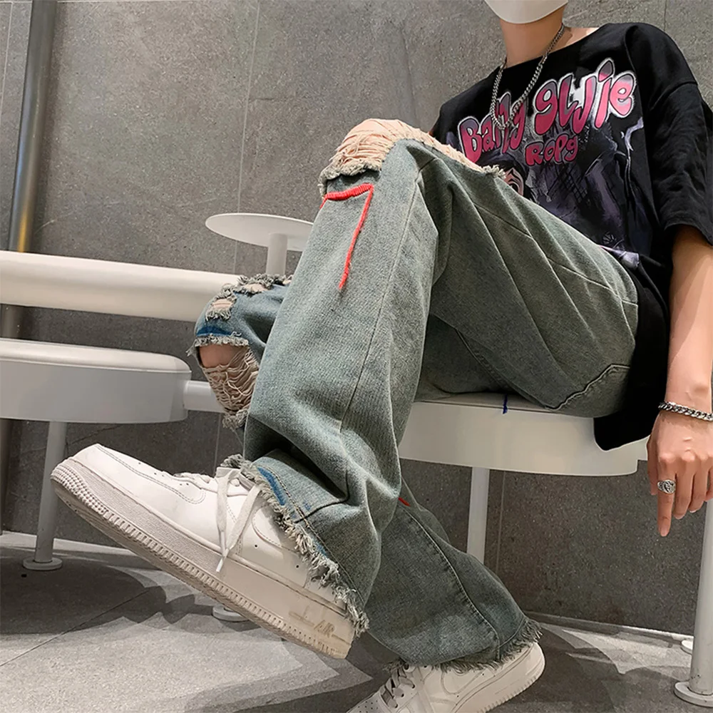 Men Y2k Jeans Baggy Ripped Fashion Vintage Blue Hole Pants Casual Gothic Straight Hip Hop Male Denim Streetwear Clothes