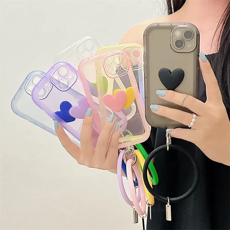 Прозрачный чехол в Корейском стиле с 3D любовным сердцем и ремешком на запястье