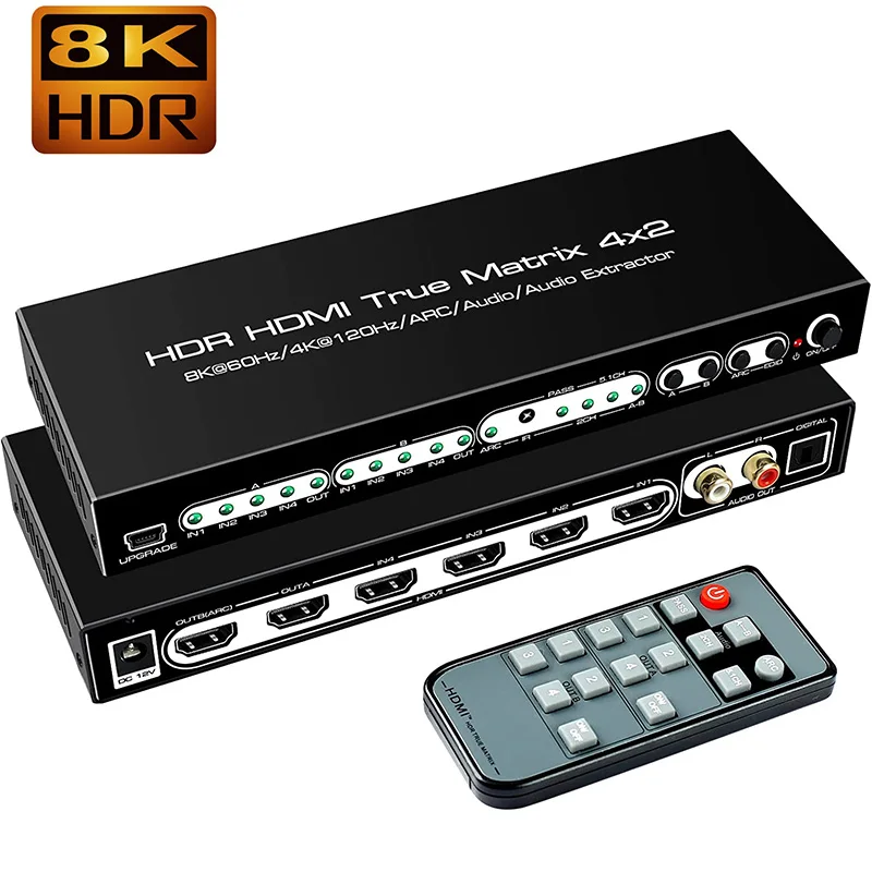 

HDMI2.1 8K Matrix Switcher 4x2 Matrix HDMI Switch Splitter 4 In 2 Out with Optical L/R 5.1CH ARC Audio Extractor 4K@120Hz HDR 3D