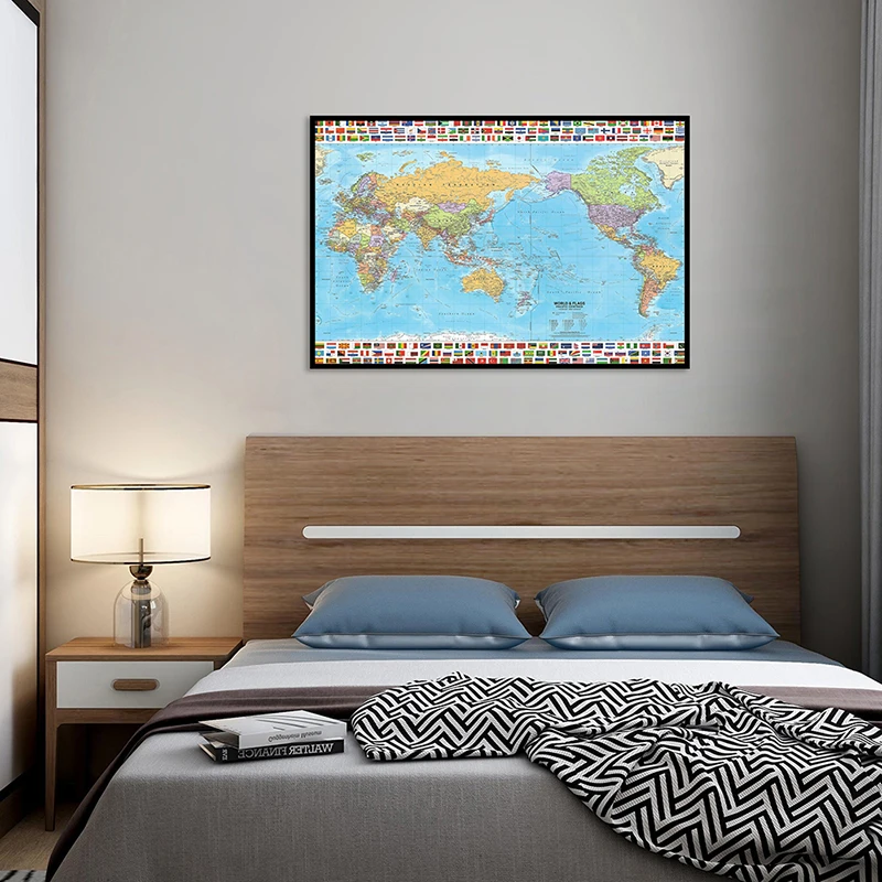 

59*42cm Small Size World Political Map with National Flag Canvas Painting Unframed Print Living Room Home Decor Office Supplies