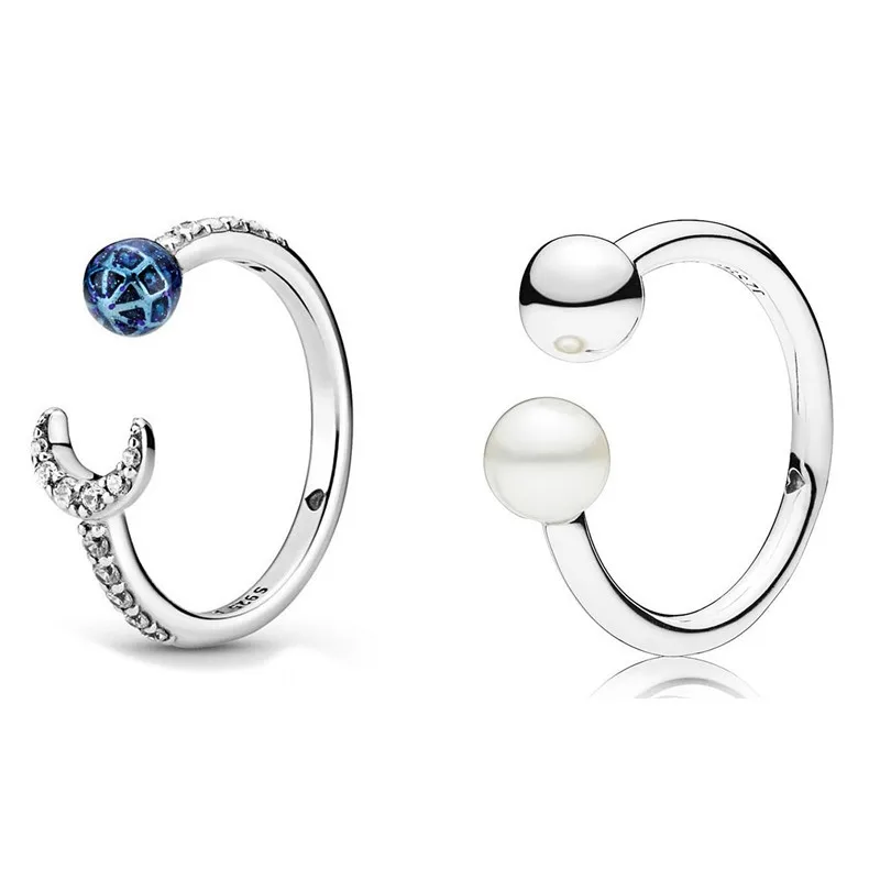 

Original Moments Blue Earth And Moon With Crystal Ring For Women 925 Sterling Silver Wedding Gift Fashion Jewelry