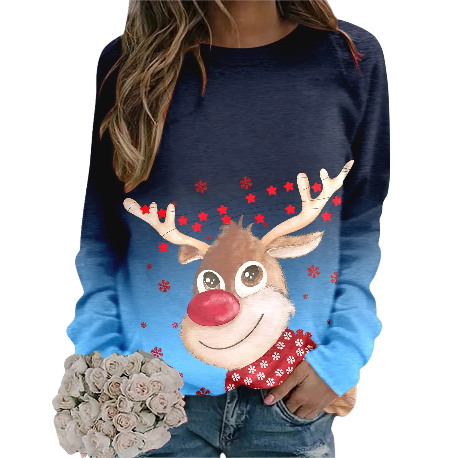 

Свитшот с рождественским принтом Женский, удобный смешной пуловер с капюшоном и рисунком оленя, с круглым вырезом и длинным рукавом