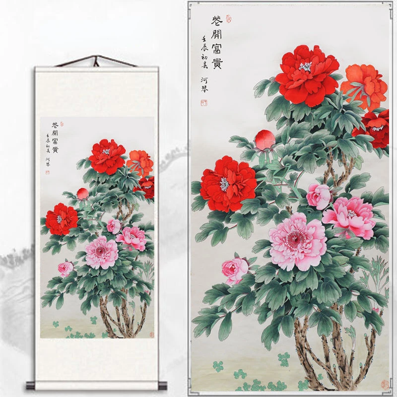 

Chinese Style Flower Scroll Paintings Wall Art Posters Vintage Room Decor Aesthetic Wall Hanging Peony Picture Wall Decor