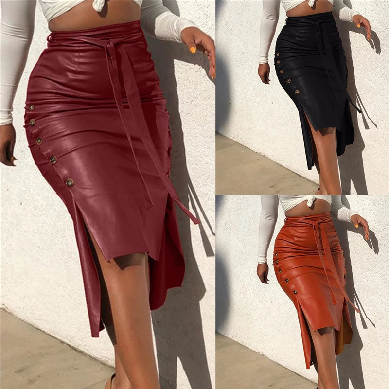 

Women Sexy Bandage Pu Leather Party Skirt Fashion Solid Faux Leather Side Button Skirt Casual Bodycon Split Midi Skirt