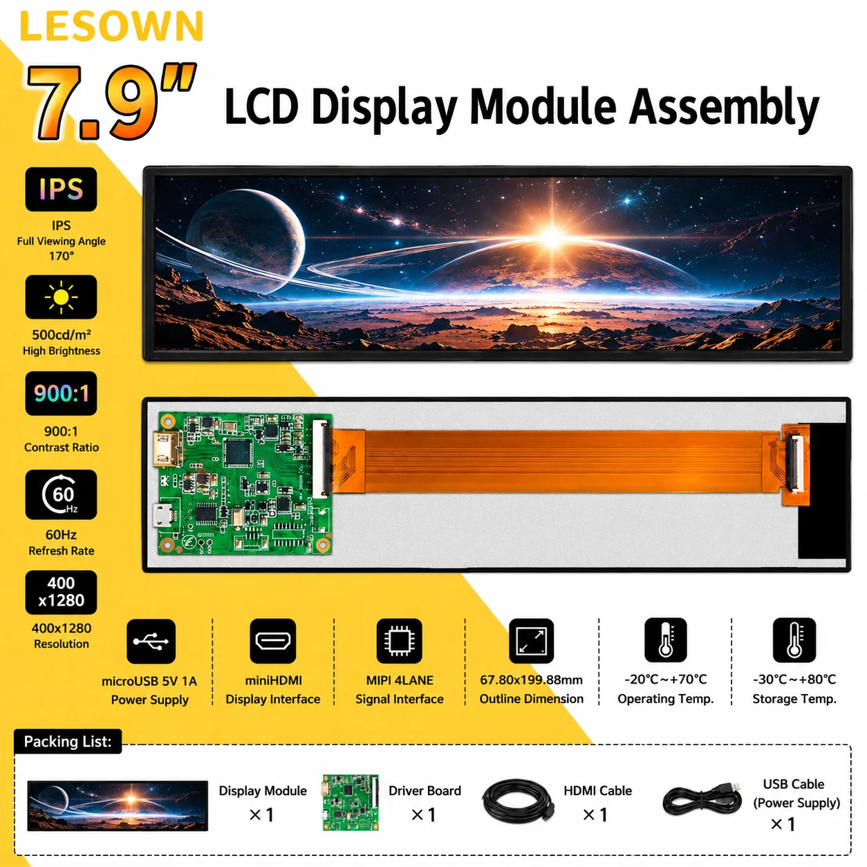 Фото Визуальный модуль LESOWN Bar Aspect Ratio с быстрым подключением, 7,9-дюймовая матричная панель с контроллером MiniHDTV и кабелями №1