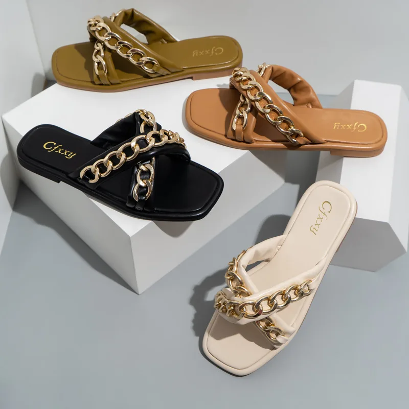 

Slippers Casual Shoes Woman 2022 Big Size Fretwork Heels Luxury Flat Soft Fashion Fabric Slides Rubber PU Basic Shoes Ladies' Sl