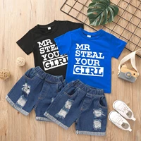 toddler kids baby outfit set 2022 summer new boys letters short sleeved t shirt holes cowboy two piece childrens set