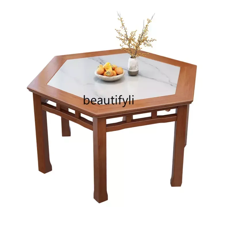

Solid Wood Hexagonal Table Stone Plate Dining Table New Chinese Style Log Old-Fashioned Square Table for Eight People