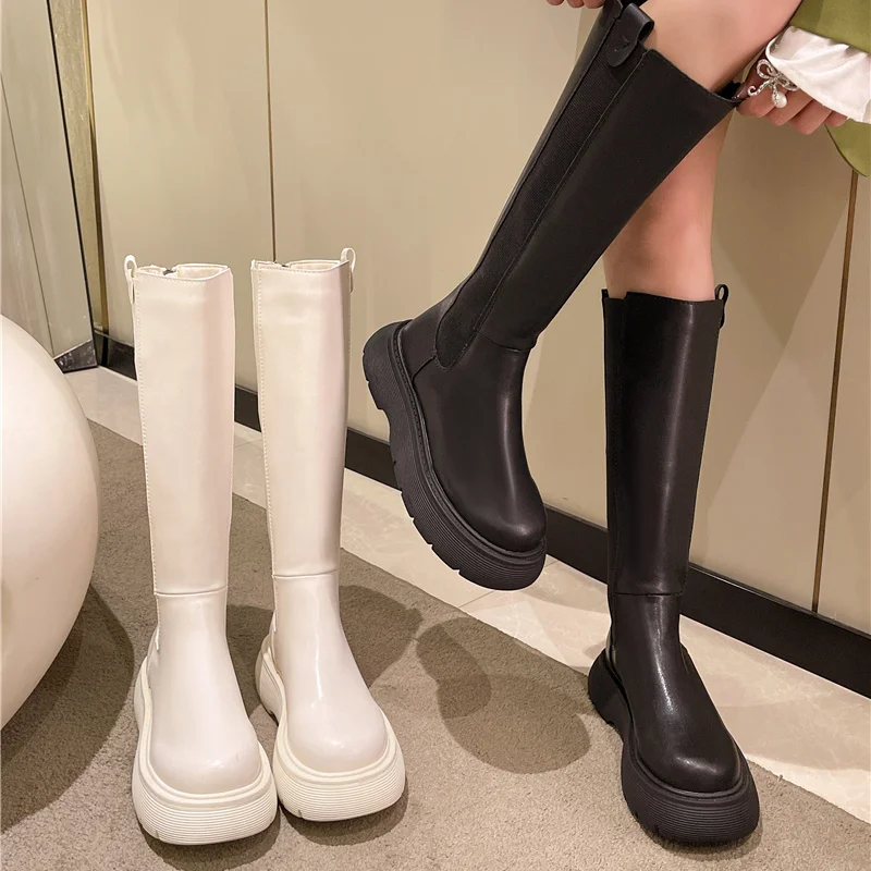 

Rimocy Winter Autumn Platform Knee High Boots Women Round Toe Med Heels Long Botas Mujer 2022 Pu Leather Back Zipper Boots Woman