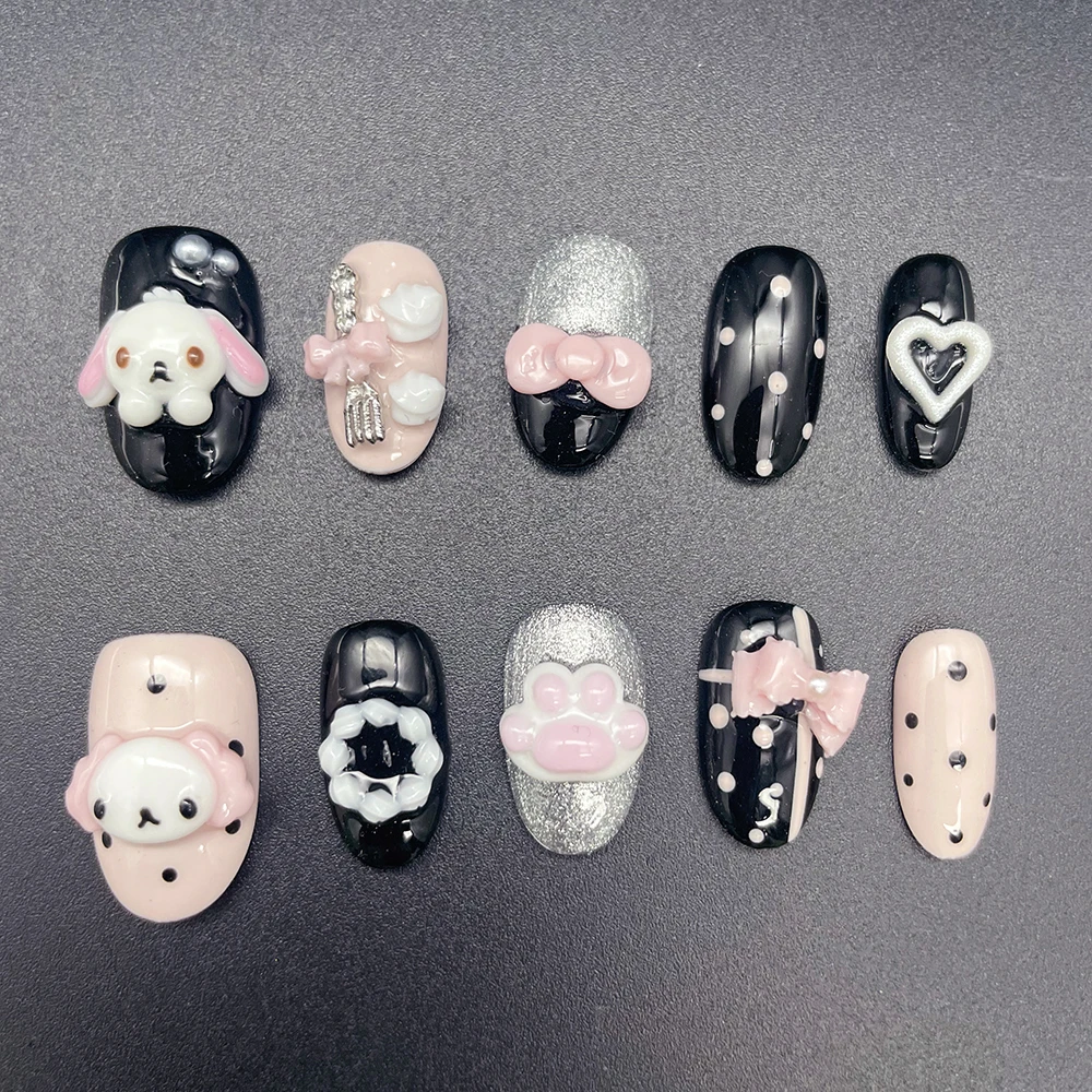 Фото Накладные ногти Kawaii с дизайном кролика, медведя, шоколадного крема, короткие, круглые, милые, розовые, в стиле сладкого печенья, 3D, с мультяшными куклами №5
