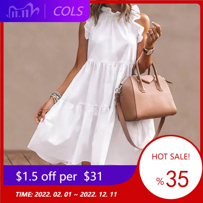 2022 Vacation Elegant White Dress Summer Elegant Short Women Dresses Female Butterfly Sleeve Casual Ruffled Neck A-line Dresses