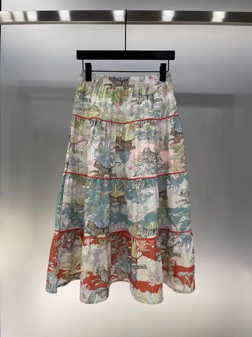 

Animal Tiger Floral Print Women Long Skirts harajuku Casual Vacation Boho Beach Chic Summer Midi Skirt
