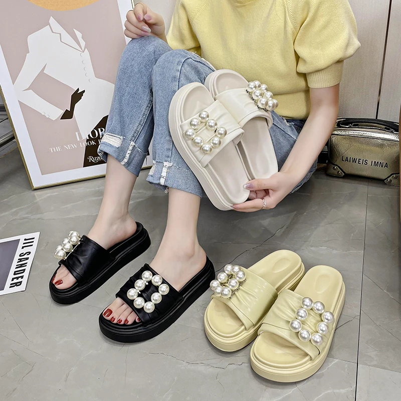 

House Slippers Platform Shoes Woman 2023 String Bead Pantofle Med Shale Female Beach Luxury Slides New Sabot Flat Summer