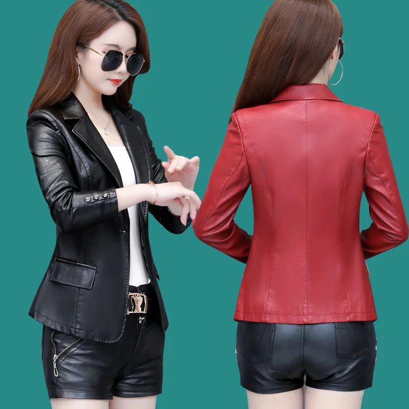 100% genuine real Spring Autumn 2023 Haining Garment Korean Edition Short Slim Fit Large Leather Jacket Women's Versatile Small