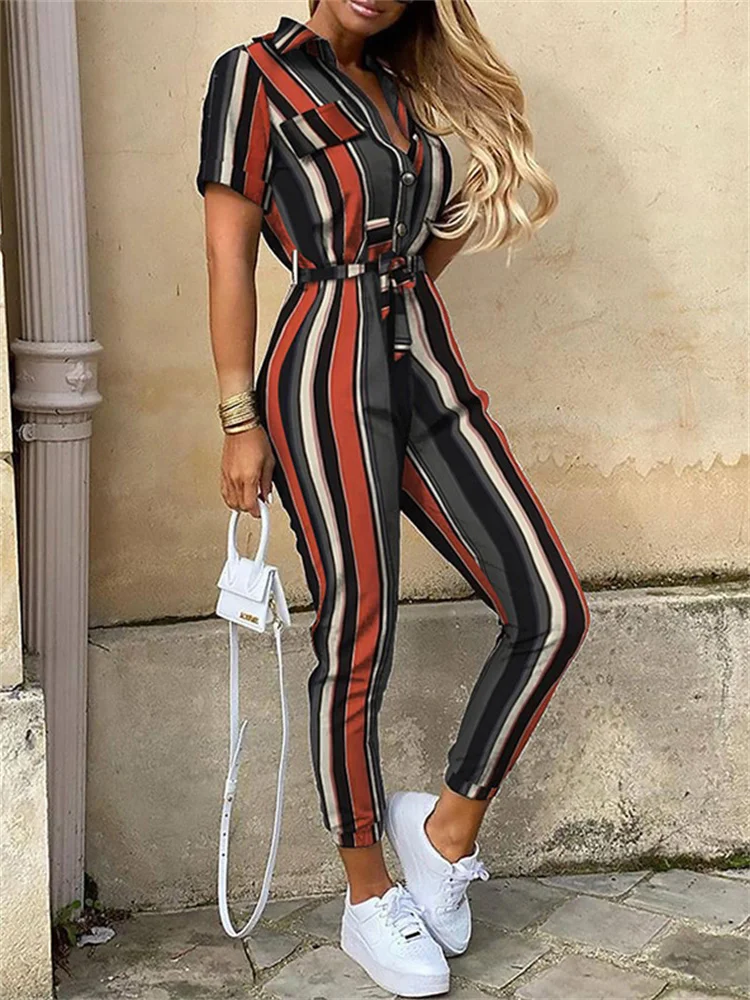 

Jumpsuits Women Colorful Striped Short Sleeve Single Breasted 2022 Summer New Thin Style Fashion Belt Slim Jumpsuits Feminina