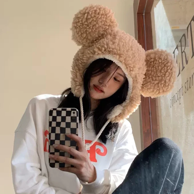 

EUMOAN Lamb wool Lei Feng bonnet girl cute big ears plush earmuffs sweet hood keep warm northeast cold bear hat