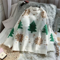 2022 winter women red christmas round neck pullover long sleeved sweater new thick loose snowflake casual soft knitted top