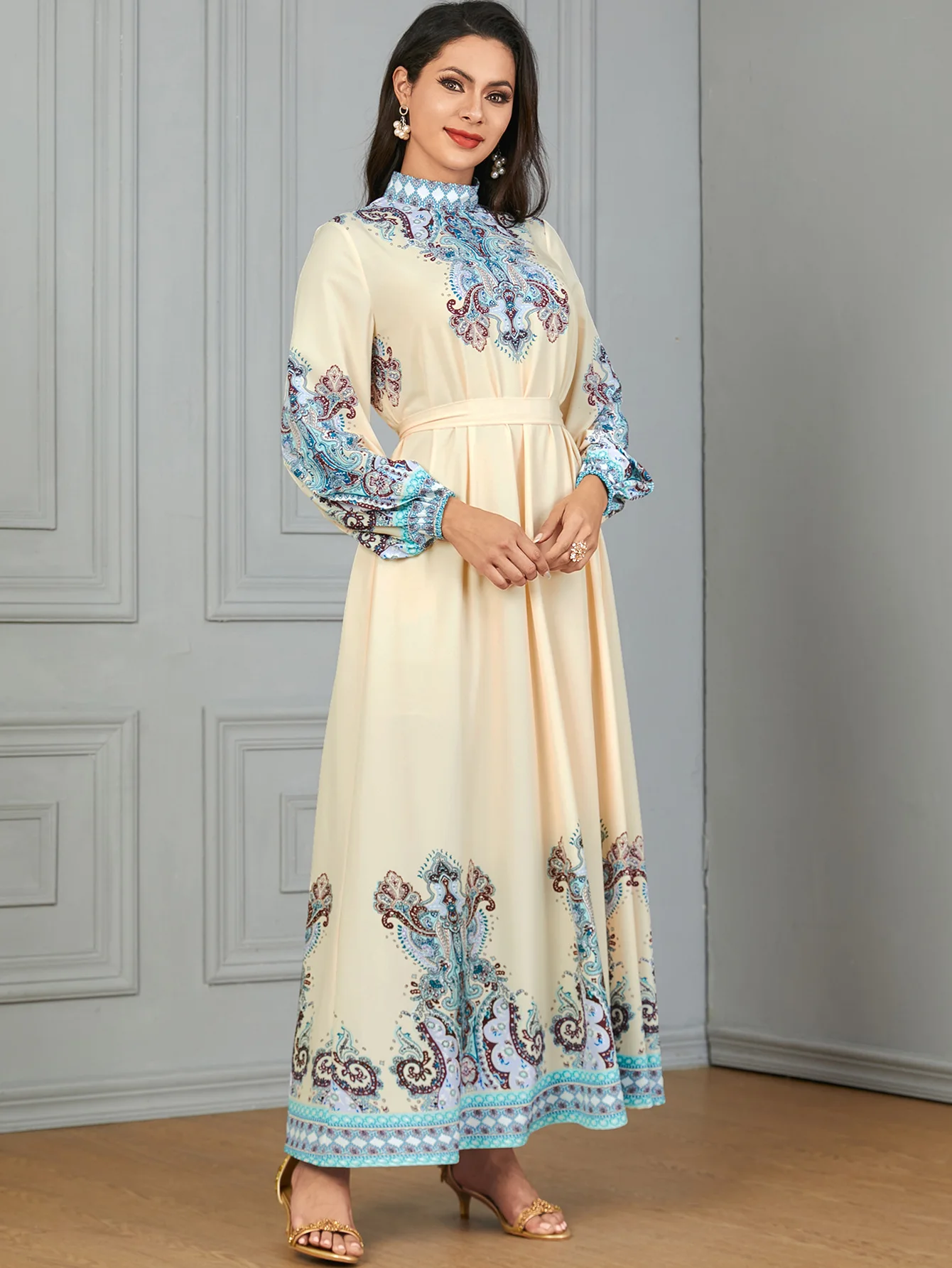 Eid мусульманское платье макси для женщин с принтом абайя высоким воротом Abayas