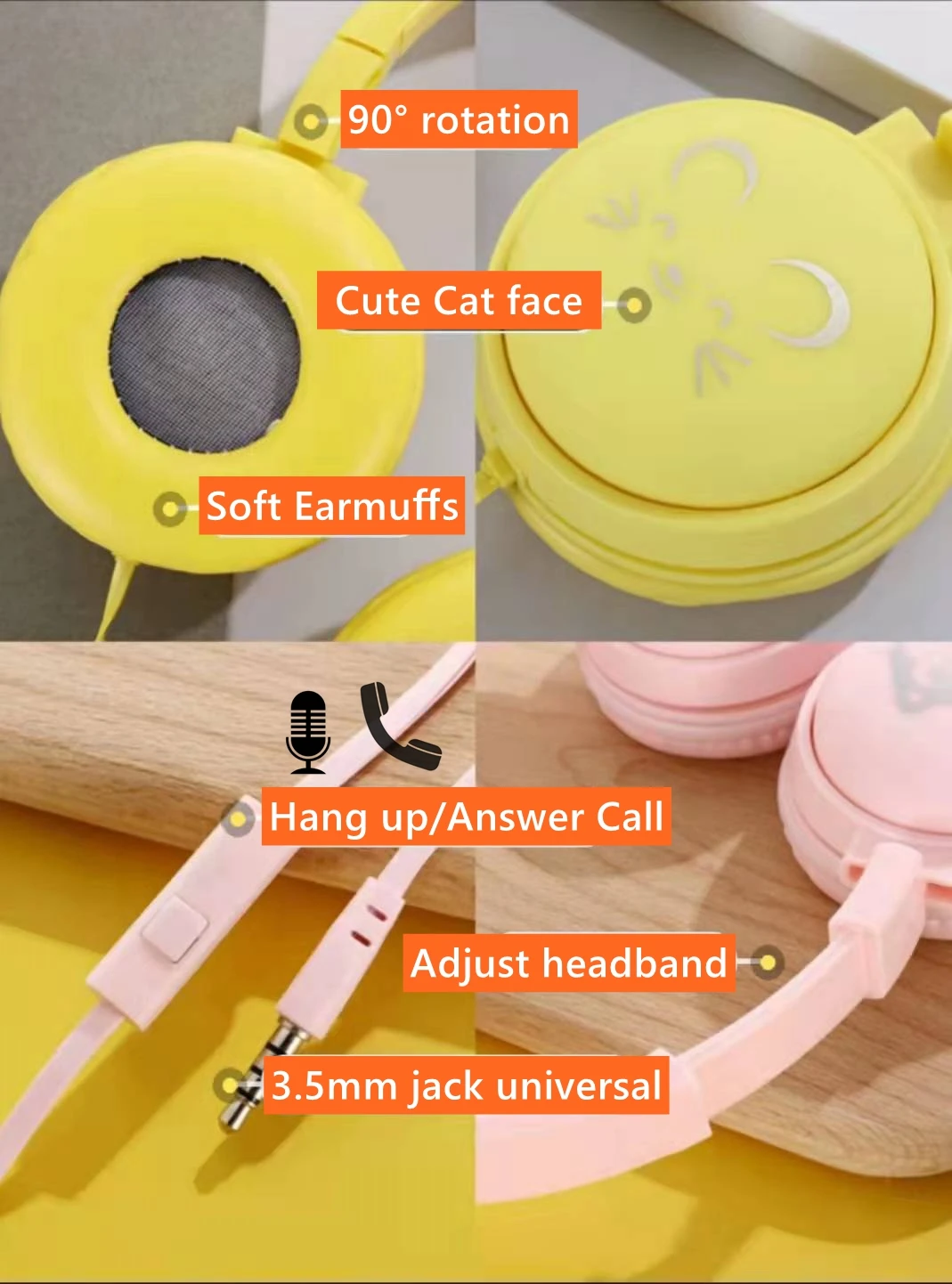 Cute Children's Headphones For Girls Kids with Mic, 3.5mm jack 3D Stereo Music Wired Headset Gamer Cell Phone iphone Laptop Gift images - 6