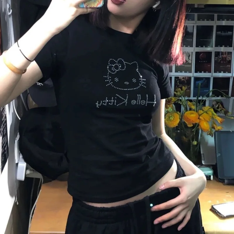 Miniso Горячие бриллианты HelloKitty милые майки мультфильм Kitty Cat печатные Y2k