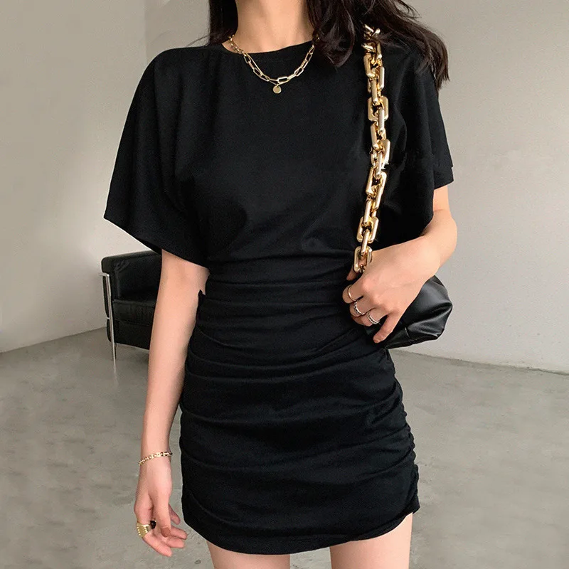 

Женское плиссированное платье-футболка, повседневное Черное короткое платье с круглым вырезом и коротким рукавом, в винтажном стиле, лето 2023