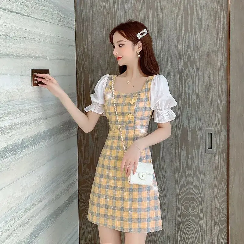 

2022 Summer Women Short Sleeve Chiffon Dress High Waist Plaid Print A- Shaped Short Dresses