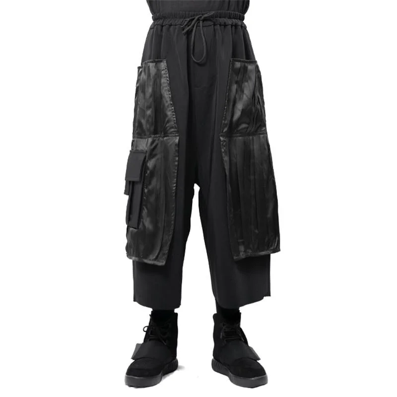 

men's 2022 large casual pants wide leg pants skirt pants splicing Satin reflective original pants