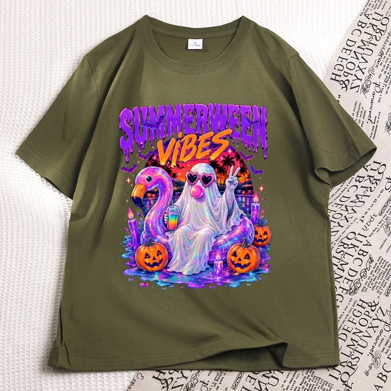 Фото Футболки с принтом Spooky Pool Float Blowing Bubble Gum, модные осенние футболки с цветочным принтом, повседневные футболки с круглым вырезом и принтом на Хэллоуин №4