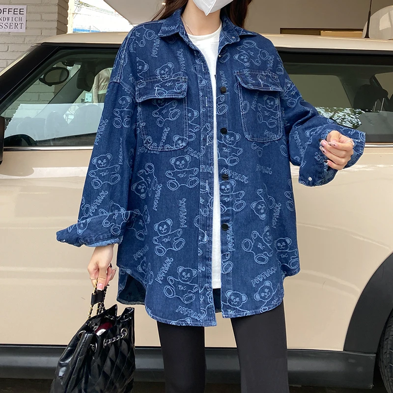 

New Autumn Denim Shirt Women's Men's Streetwear Hip Hop Harajuku Cartoon Bear Print Shirt Loose Square Neck Long Sleeve Blouse